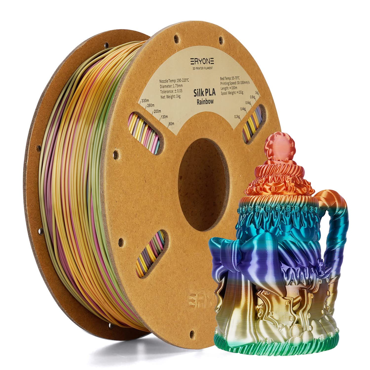 ERYONE Ultra Silk PLA Filament, Silky Glossy Finish Filament,Fast Color Change Rainbow PLA 1.75mm, +/-0.03mm, 1kg(2.2LBS)/Spool, Metal Luster Silk Rainbow
