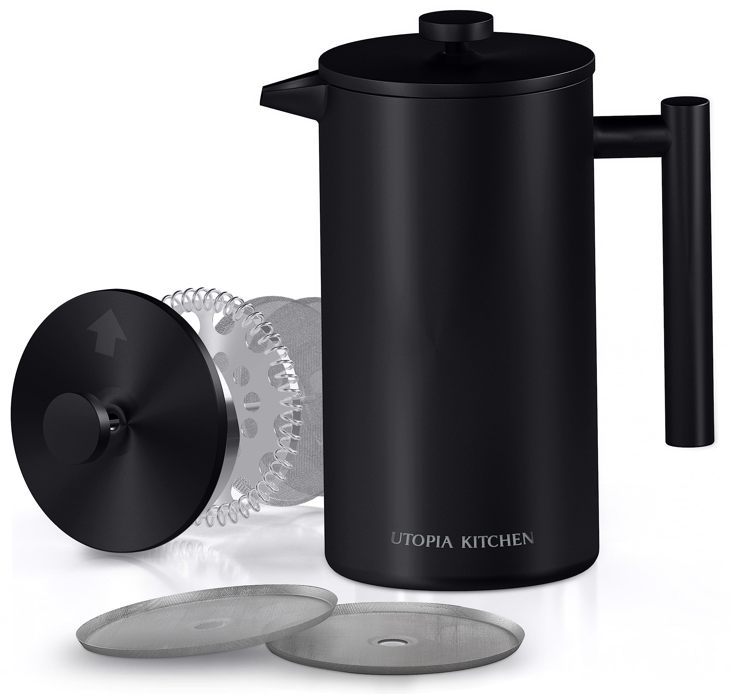 Utopia Kitchen 304 Grade Stainless Steel French Press Coffee Maker 50 Oz, Double Wall Insulated Coffee Press with 4-Level Filtration system, Include 2 Extra Filters, Rust-Free, Black