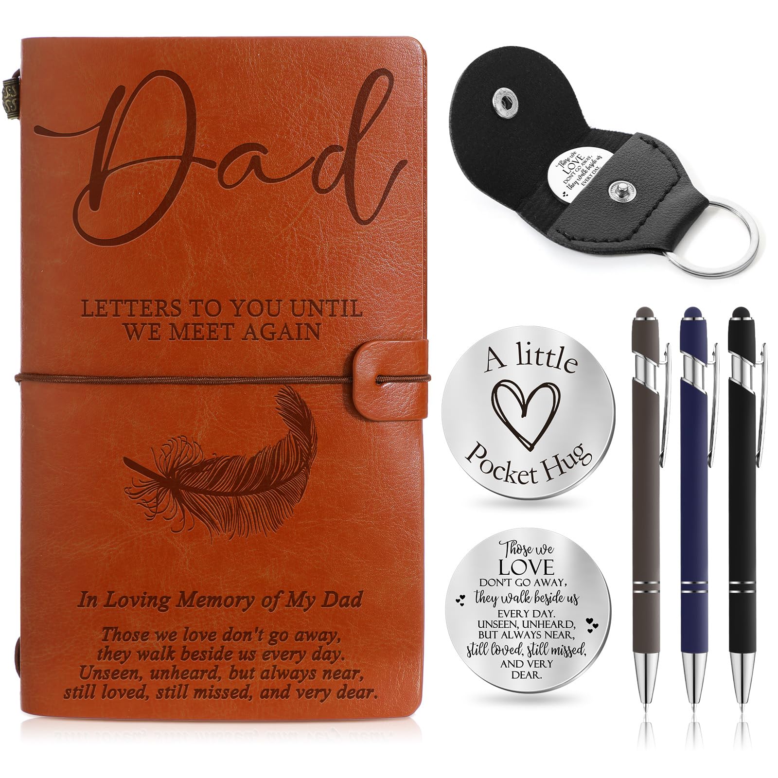 Photo 1 of (missing) Fulmoon Memorial Gifts for Loss, Included 1 Grief Journal Travel Photo Diary Journal 1 Memorial Pocket Hug 1 PU Leather Keychain 3 Ballpoint Pens Bereavement Gifts for Loss(Dad)