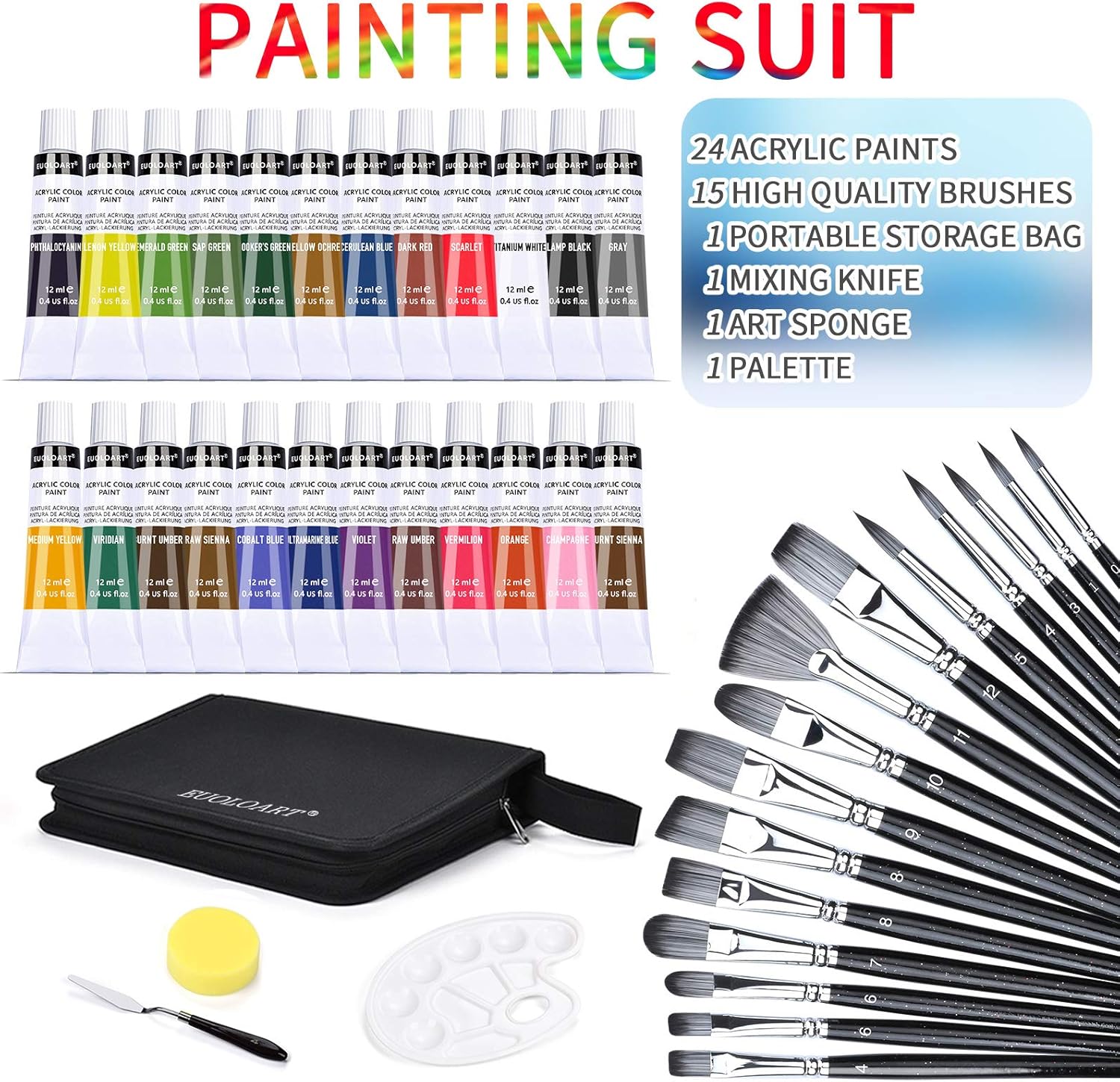 Complete Acrylic Paint Set - 24x Craft Paints, 18pcs Artist Paint Brushes with Palette, Painting Knife & Sponge in Canvas Bag for Acrylic, Oil & Watercolor -for Adults and Kids