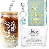 Sunnychicc 5 Pcs School Counselor Must Have for Women 16oz Glass Cup Makeup Bag Leather Notebook Pen Keychain Thank You Gift for School Counseling Week Guidance Teacher Appreciation(Green)
