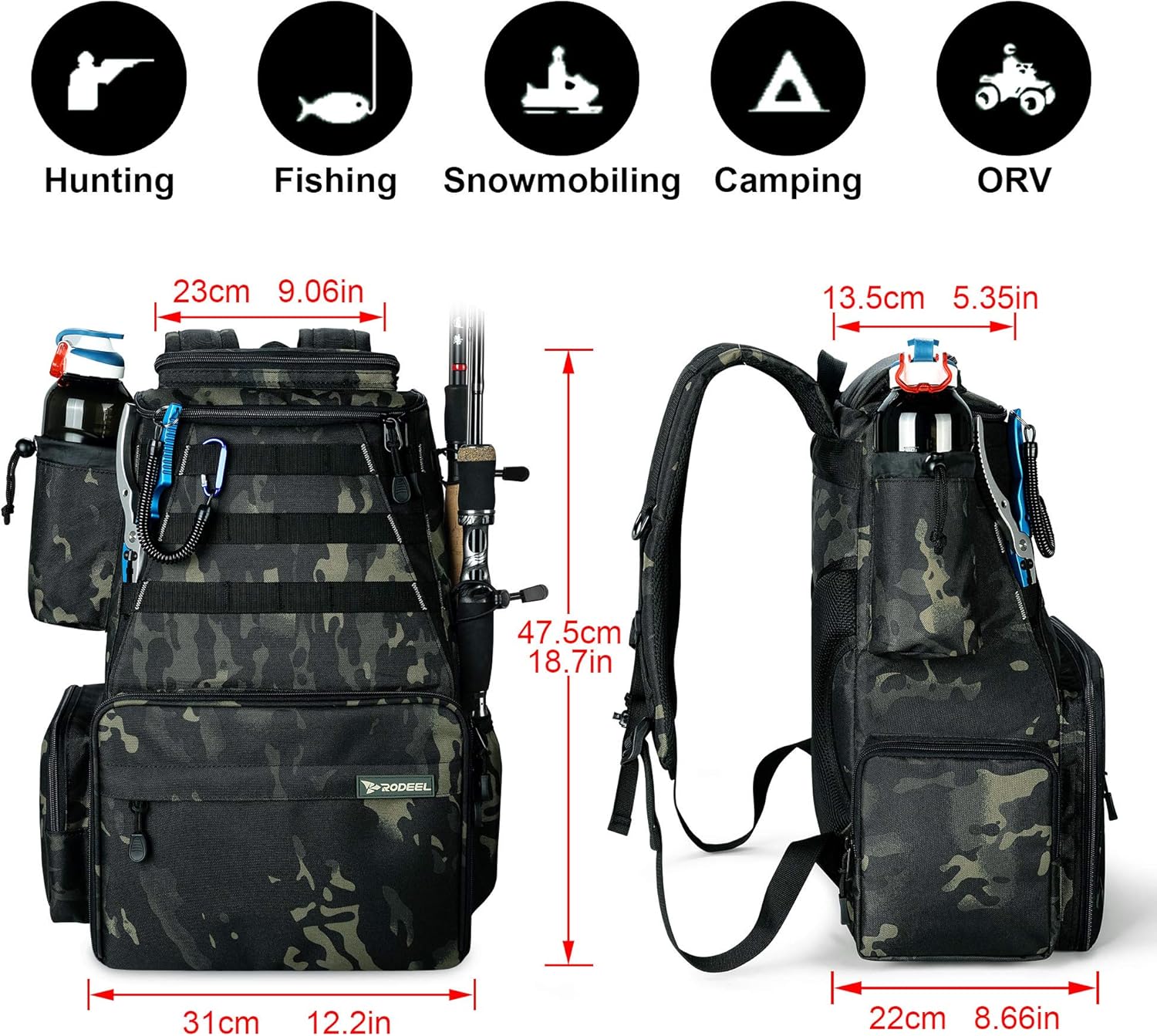 Rodeel Fishing Tackle Backpack with 4 Tackle Tray, 4 Fishing Rod Holders, Large Storage, Backpack for Trout Fishing Outdoor Sports Camping Hiking : Sports & Outdoors