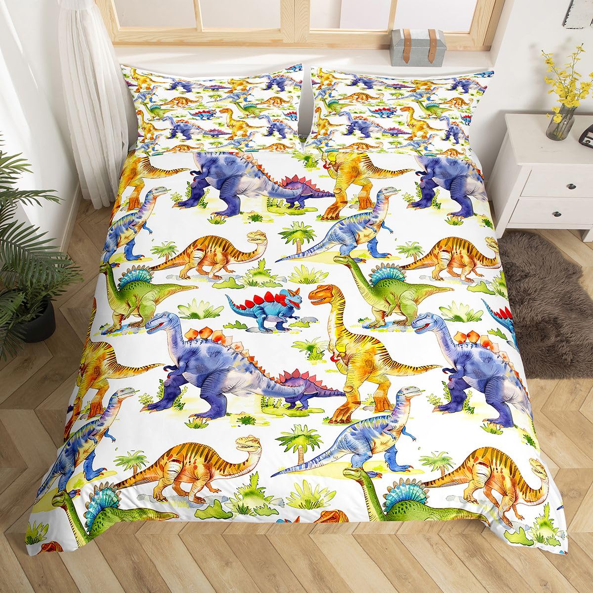 Homewish Watercolor Dinosaur Bedding Sets Cute Cartoon Animal Duvet Cover Set For Kids Children Boys Girls Bedroom Decor Dinosaur Wildlife Printed Comforter/Quilt Cover With 2 Pillowcases Double Size
