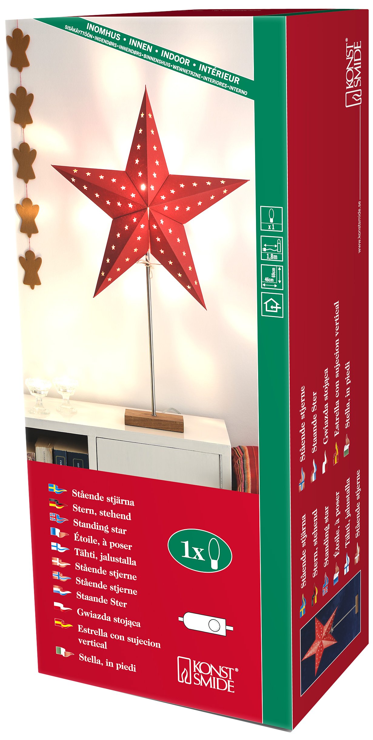 Konstsmide Traditional Christmas Lights Paper Star Red with Star Shapes / Oak Wood Base / For Indoor Use (IP20) / E14 Lamp Holder (Bulb Not Inc.) / Transparent Cable with On Off Switch
