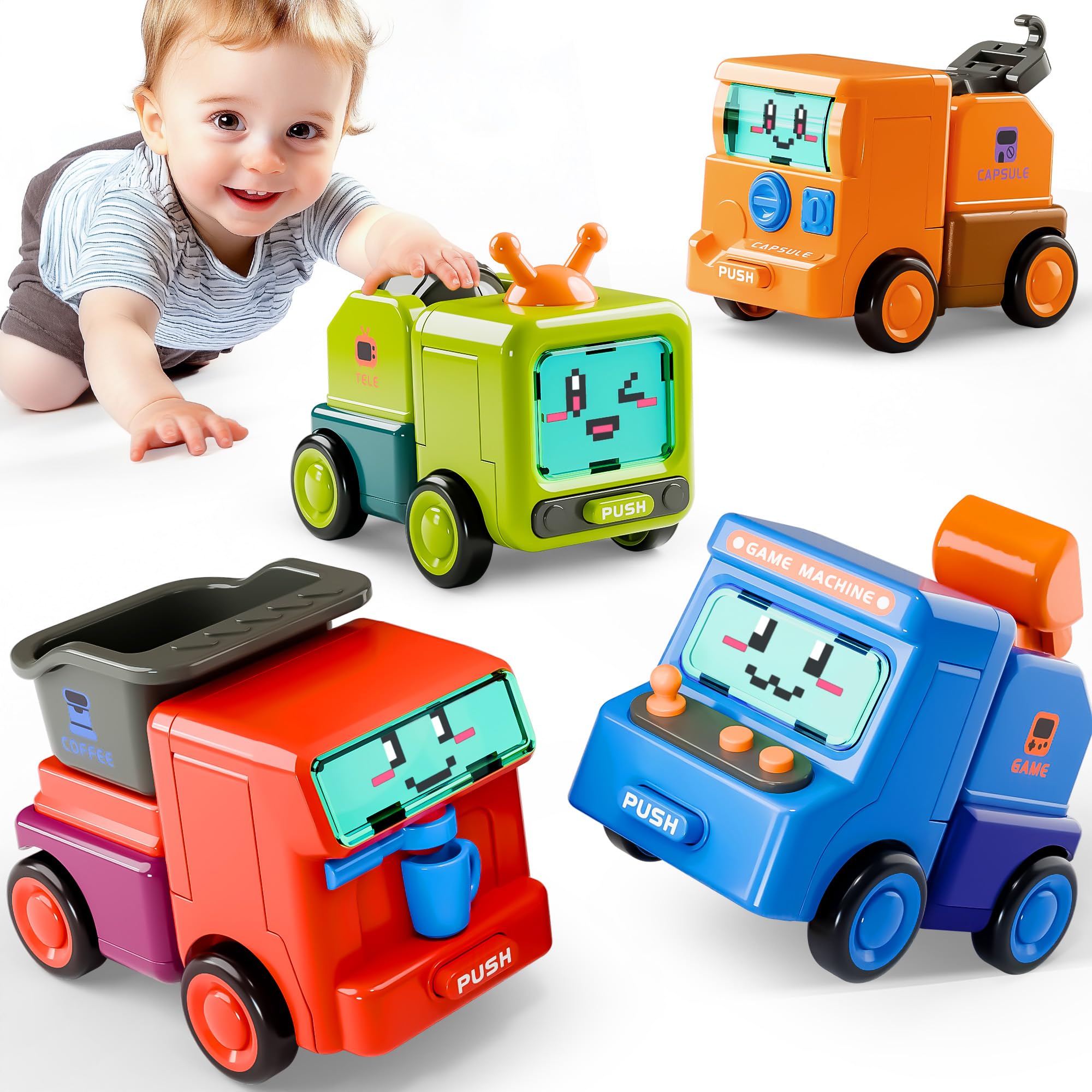Photo 1 of iPlay, iLearn Construction Push Go Car Toys for Toddlers, 2 in 1 Kids Robot Racing Cars, Infant Play Vehicle Set, Mini Pull Back Push Go Friction Car, 3-4-5-6 Years Old Boys Cool Birthday Gift - Robot