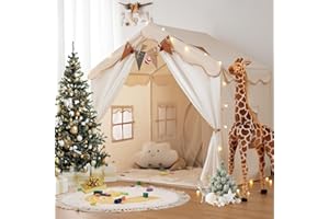 Besrey Kids Play Tent 2 in 1 with Padded Mat and Lights, Large Kids Playhouse with 2 Doors & 4 Windows, Indoor & Outdoor, Christmas Toddler Tent, 51" x35" x 51"