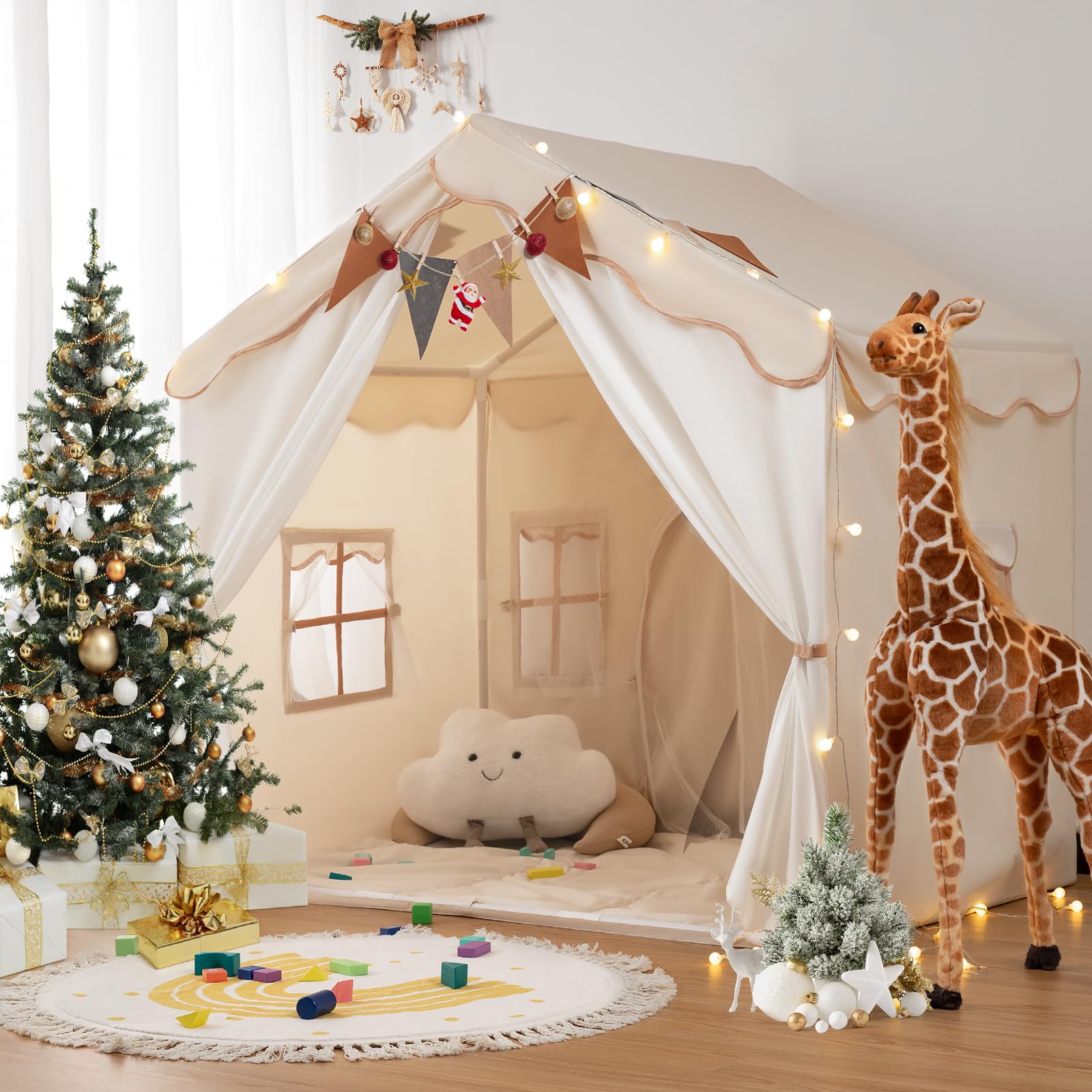 Photo 1 of Besrey Kids Play Tent 2 in 1 with Padded Mat and Lights, Large Kids Playhouse with 2 Doors & 4 Windows, Indoor & Outdoor, Christmas Toddler Tent, 51" x35" x 51"