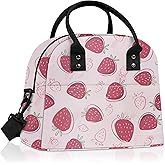Clastyle Summer Women Lunch Box Bag Leaf Large Camping Adult Lunch Tote Insulated Cooler Bag for Office Work Picnic,Pink Strawberry