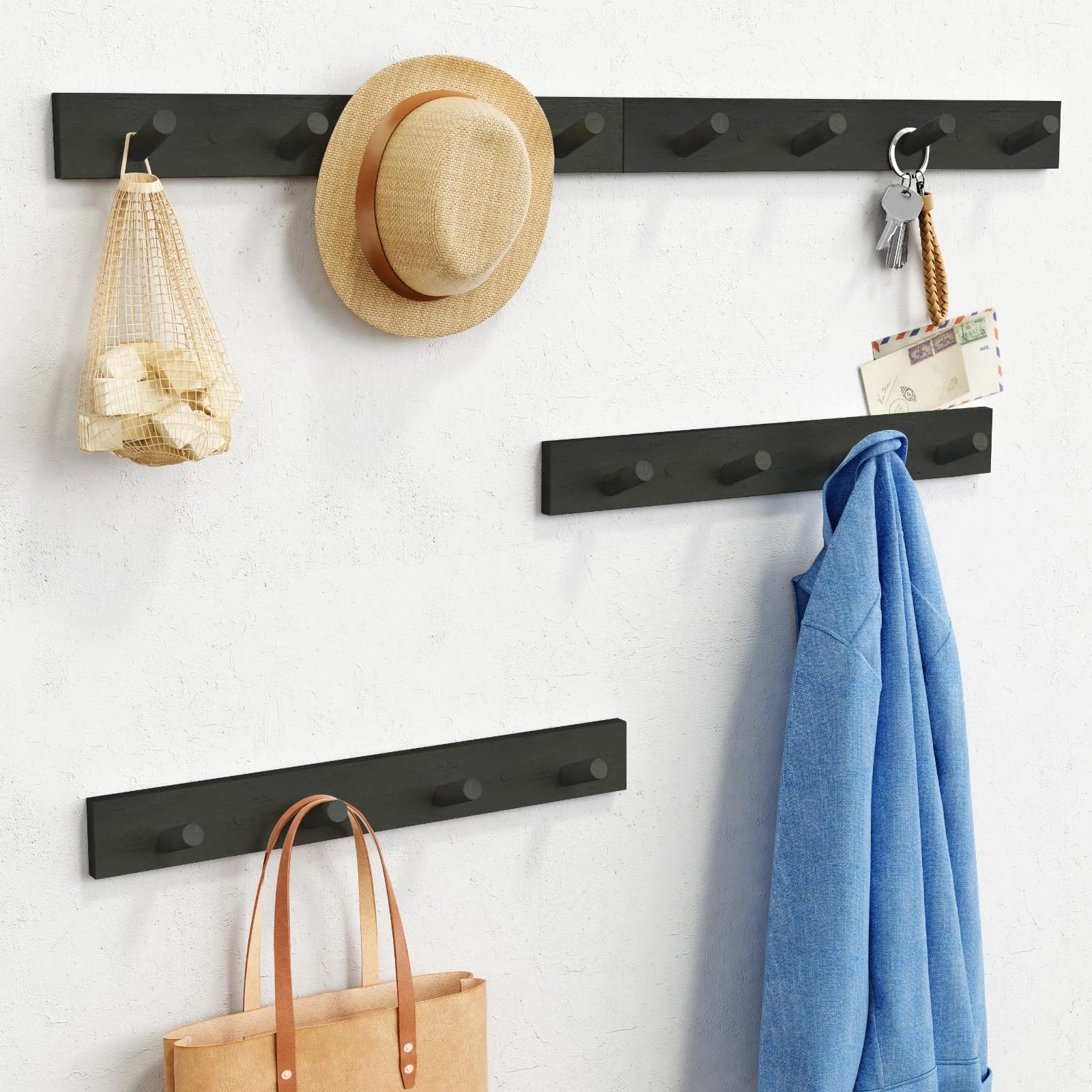 Photo 1 of Forbena Black Coat Rack Wall Mount 4-Pack, Rustic Farmhouse Coat Hooks for Wall, Vertical Hanging Hat Rack for Office, Bedroom, Closet, Small Spaces, Kids Room Clothes, Entryway Shoes - 16 Pegs