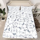 Aircraft Bed Sheet Set Kids Airplane Print Fitted Sheet Boys Girls Decor Aircraft Flying Bedding Set Microfiber Sketch Style Blue White Bedspread Cover Bedroom Twin Size