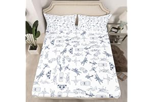 Aircraft Bed Sheet Set Kids Airplane Print Fitted Sheet Boys Girls Decor Aircraft Flying Bedding Set Microfiber Sketch Style 