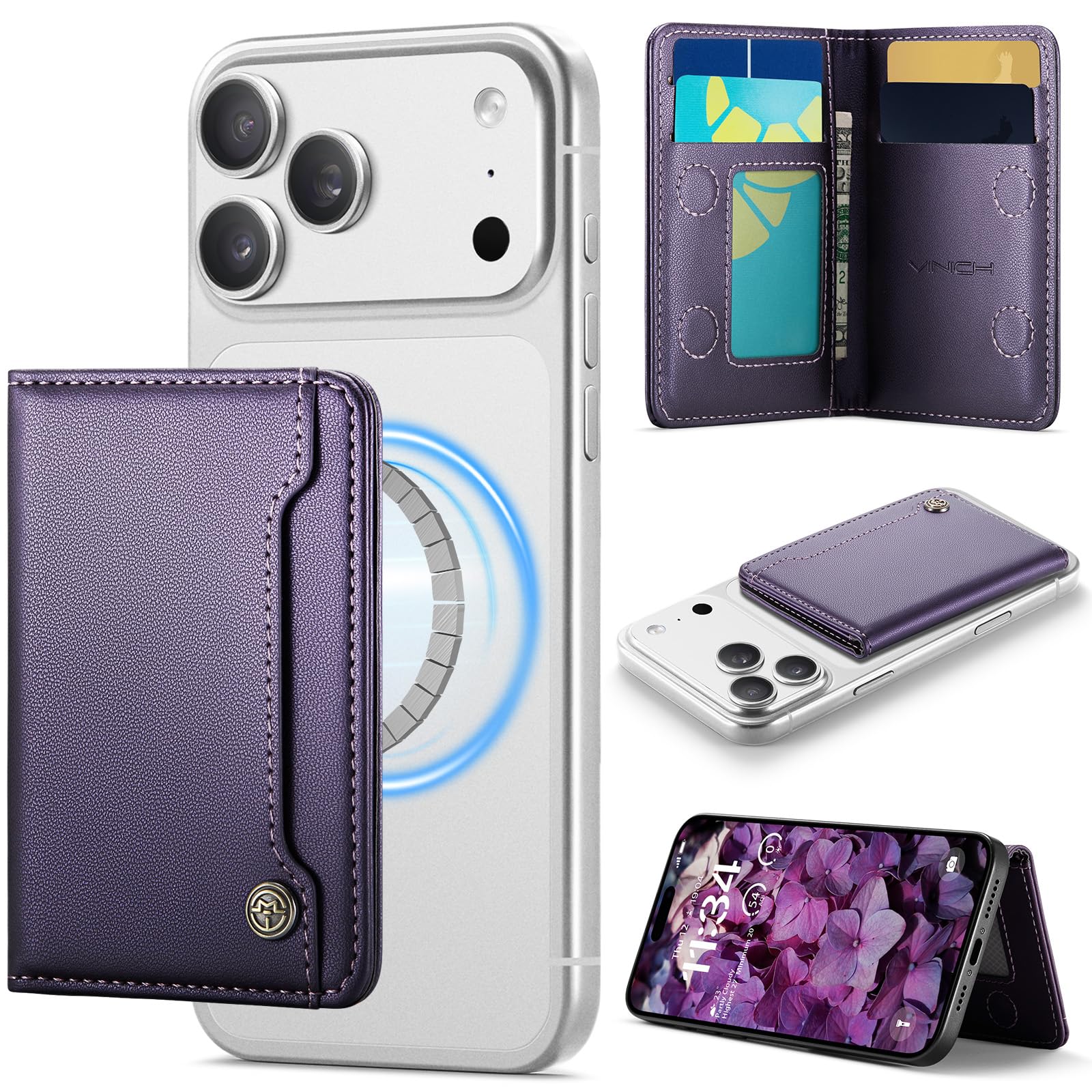 Photo 1 of Vinich for MagSafe Wallet Magnetic RFID Blocking Card Holder Compatible with MagSafe Phones and Cases, Strong Magnet Minimalist Phone Wallet for iPhone 17/16/15/14/13/12/ Pro/Max/Plus, Purple