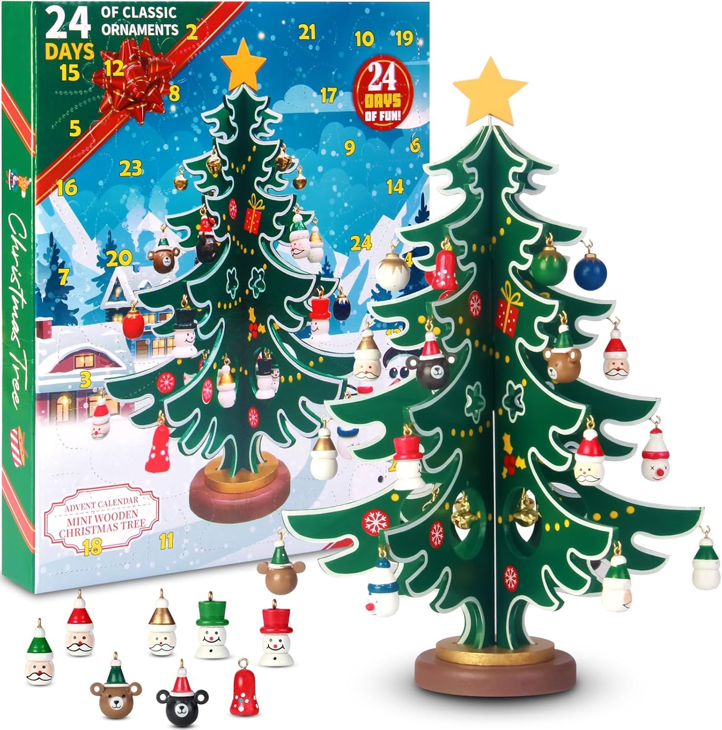 Advent Calendars - MAIAGO Christmas Advent Calendar with a Desktop Wooden Christmas Tree and 30 Christmas Ornaments, Premium 24 Days Countdown Calendar Kit for Boys, Girls and Kids Christmas Gifts, Xmas Party Supplies