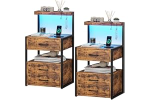 AOGLLATI Nightstand Set of 2 with Charging Station and LED Lights, Bedside Table with 3 Drawers and Open Storage Shelves, 2 USB Ports and 2 AC Outlets, LED Night Stand for Bedroom, Rustic Brown