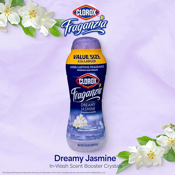 CLOROX FRAGANZIA IN-WASH SCENT BOOSTER CRYSTALS IN DREAMY JASMINE SCENT, 70 OZ VALUE SIZE | LAUNDRY SCENT BOOSTER CRYSTALS | DREAMY JASMINE, LIGHT FLORAL LAUNDRY FRAGRANCE 70 OUNCE CRYSTALS