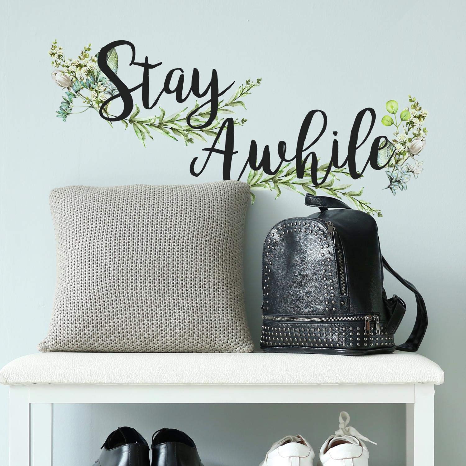 RoomMates RMK3883SCS Stay Awhile Quote Peel and Stick Wall Decals, Black, Green, White, Blue