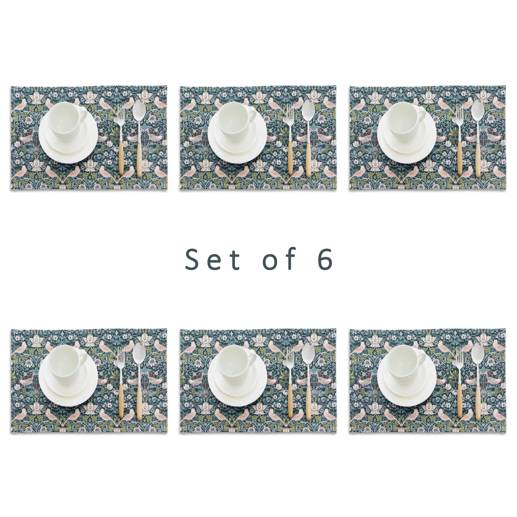 Obal William Morris Placemats Set of 6, Non-Slip Heat Stain Resistant Place Mats Washable Dining Table Mats for Dinner Sets Home Kitchen (Green Strawberry Thief, 45x30cm)