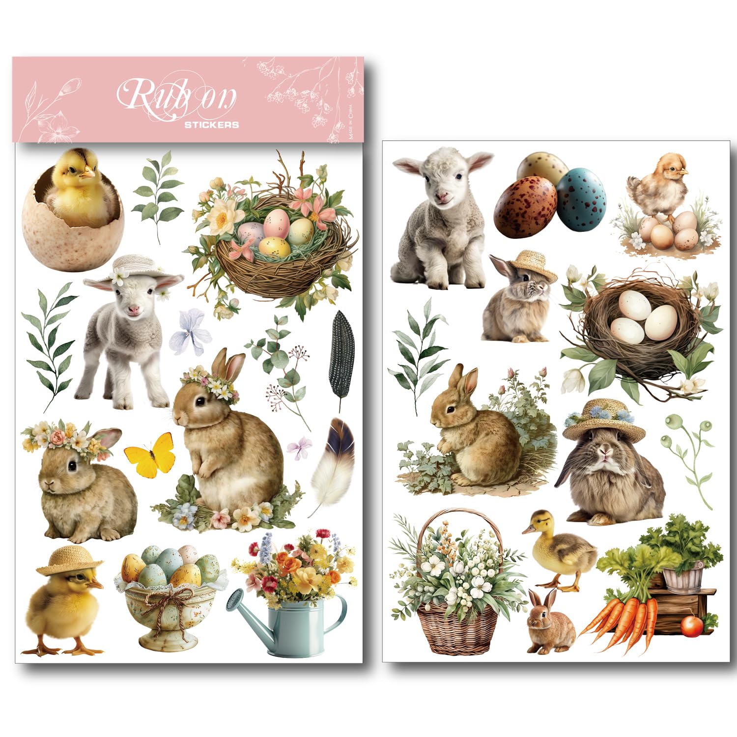 Photo 1 of CATaireen Spring Easter Crafts Rub On Transfers Sticker Vintage Floral Farm Rabbit Cow Decal DIY Egg Cute Bunny Use for Fabric Clay Paper Wood Holiday Scrapbooking Embellishments (Small 2 Sheets)