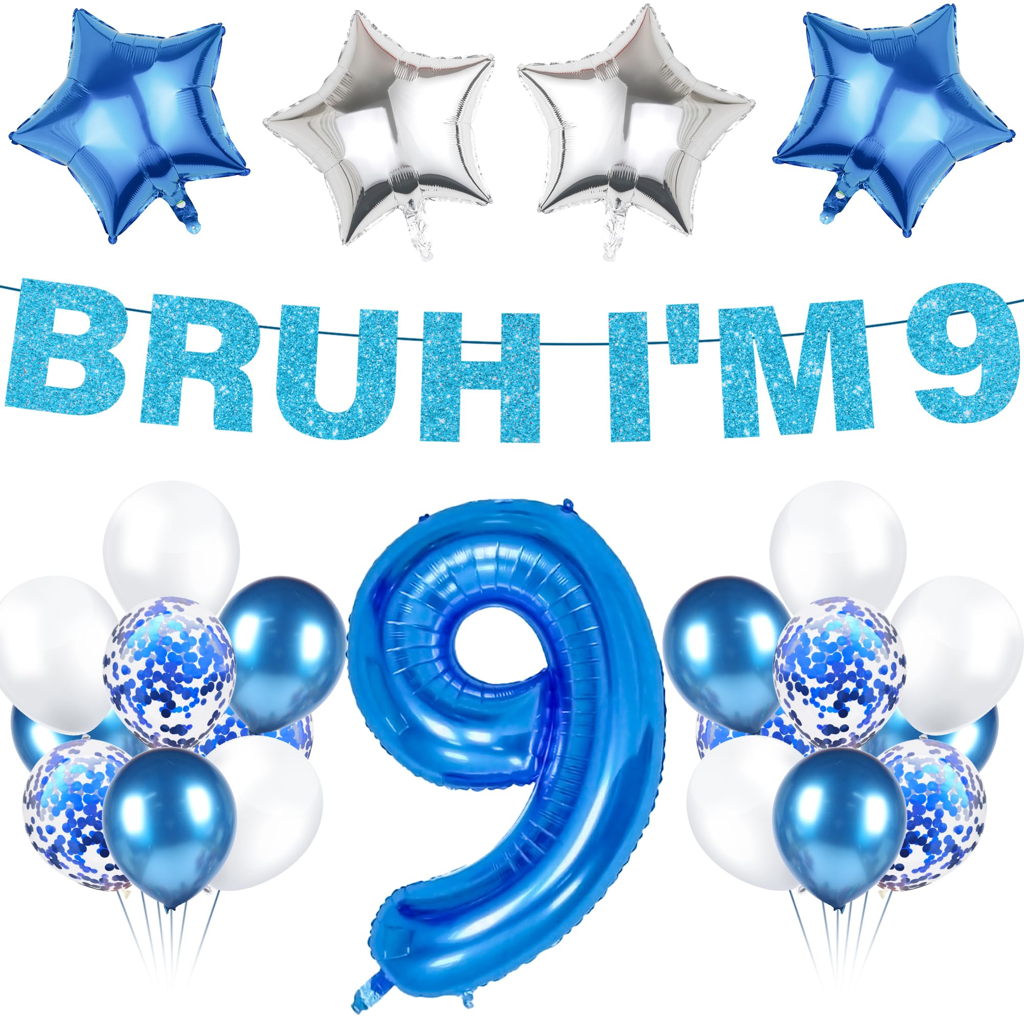 LPPIIUSSU 9th Birthday Decorations Balloon Boys - 18 Pcs Blue Bruh I'M 9 Glitter Banner Number Foil Latex Balloons Party for Girls 9 Years Old Birthday Celebration Decor Supplies