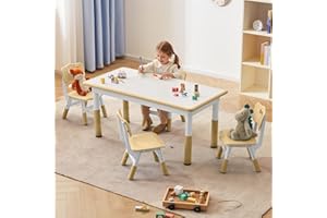 DOREROOM Toddler Table and Chairs Set for 4, 47.2''L x 23.6''W Kids Study Table and Chair Set, Height-Adjustable, Graffiti Desktop, Children Activity Table for Daycare, Classroom, Home