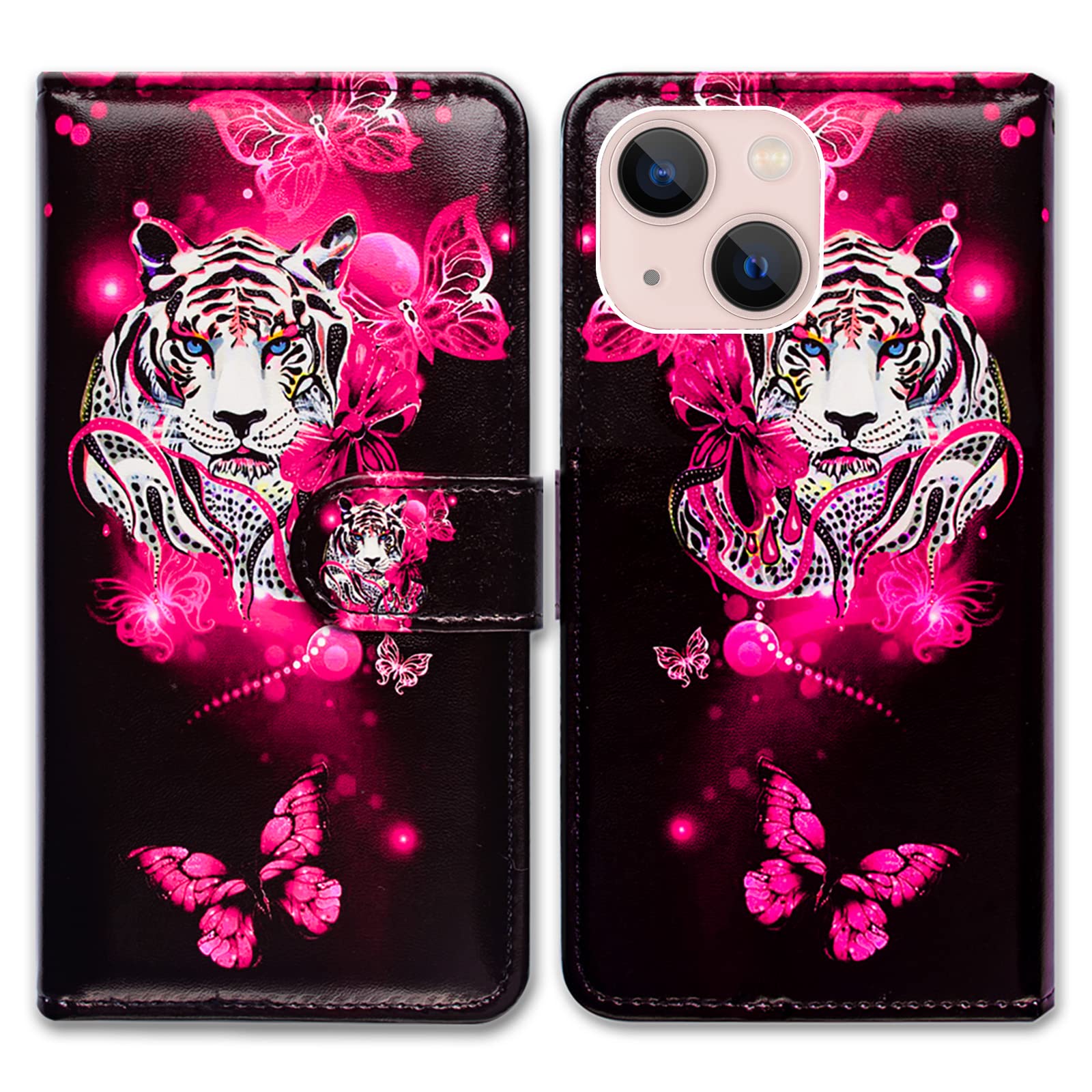 Bcov iPhone 14 Case, White Tiger Butterfly Leather Flip Phone Case Wallet Cover with Card Slot Holder Kickstand For iPhone 14