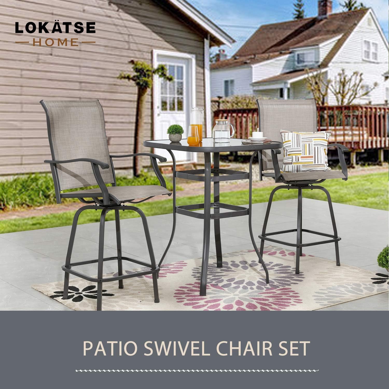 LOKATSE HOME 3 Pcs Bar Stools Set 2 High Swivel Chairs and 1 Height Outdoor Bistro Table, Patio Furniture, Grey Tesling Fabric: Garden & Outdoor