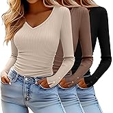 Xaatren 3 Pack Women's Long Sleeve Tops V Neck Ribbed Knit Slim Fit Shirts Fall Basic Casual Stretch Layering Tee