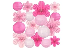 PEYWOT 18 Pcs Pink Party Decoration Set, Hanging Pink Paper Lanterns Paper Flowers Fans for Girls Women Birthday Wall Baby Shower Wedding