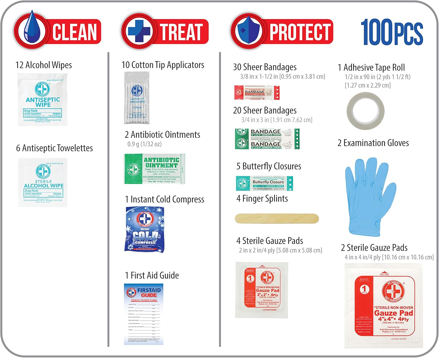 Be Smart Get Prepared 10HBC01082 100Piece First Aid Kit, Clean, Treat & Protect Most Injuries With The Kit that is great for Any Home, Office, Vehicle, Camping & Sports. 0.71 Lb: Health & Personal Care
