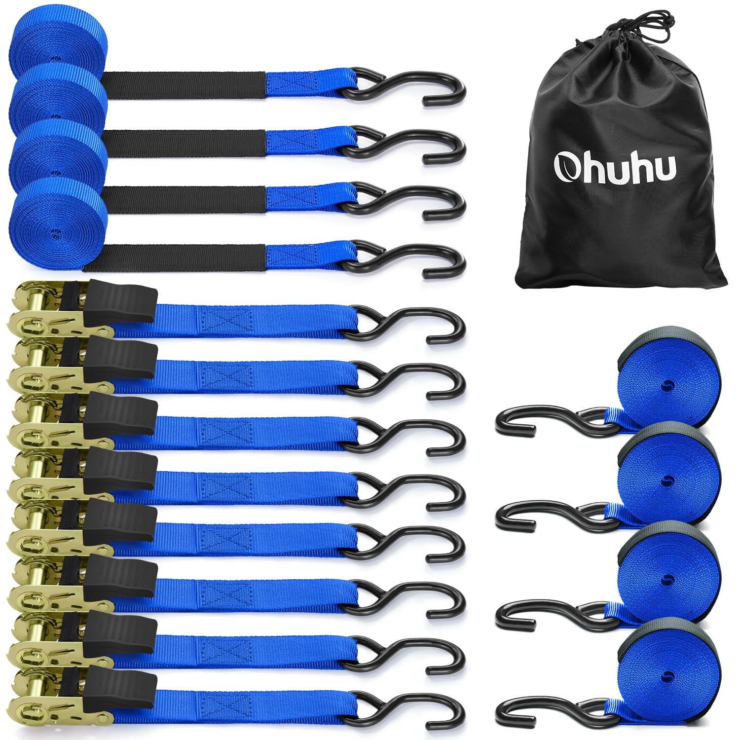 Ratchet Straps with Hook 8 Pack, Ohuhu 4.6m x 25mm 680kg Break Strength Heavy Duty Ratchet Tie Down Straps Lashing Straps with S Hook for Motorcycles/Car/Trailer, Blue