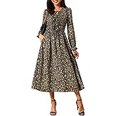 Seta T Women's Leopard Print Dress Long Sleeve Ruffle Tie V Neck Smoked Flowy Midi Cheetah Dresses with Pockets