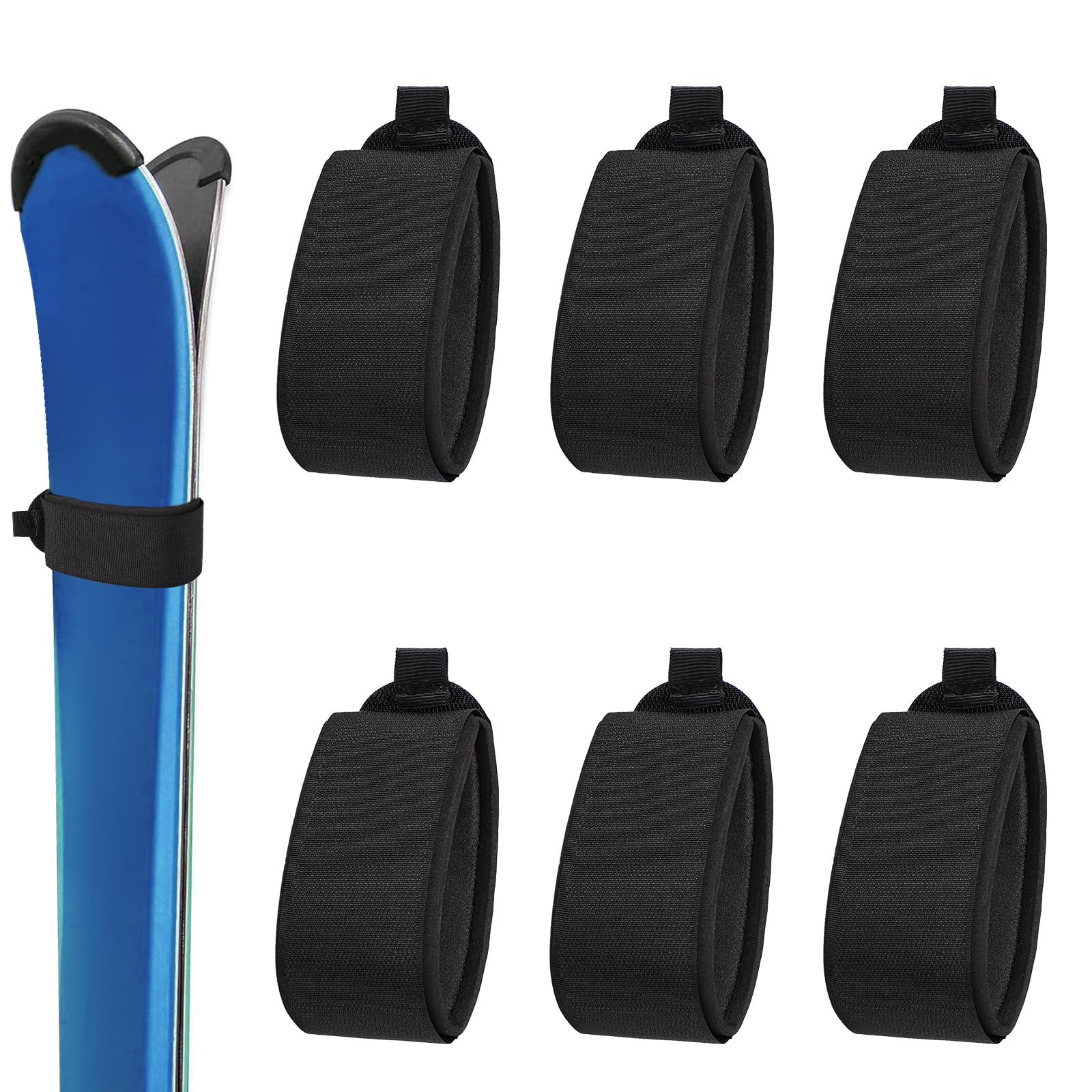 BOXOB 6pcs Ski Fastener Straps, 19x2.1 Inch Ski Fastener Tapes with Protector Pads Adjustable Ski Wraps Gear Storage Ties for Ski Boards Poles Winter Sports Accessories (Black)