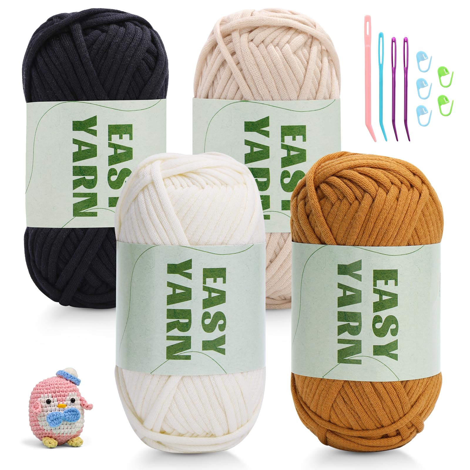 4x50g Crochet Yarn Chunky Yarn for Crochet, Easy Cotton Yarns for Crochets with Easy-to-See Stitches, Stitch Markers, Easy Crochet Starter Kit for Beginners Beige Brown White Black