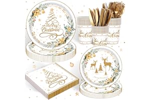 XUELIREN 120PCS Christmas Party Supplies White Golden Merry Xmas Themd Party Decorations for Winter Holiday Festival Family Gathering Tableware Set Plates Napkin Cups Set for 20 Guests