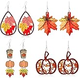 GANDC 4 Pairs Fall Thanksgiving Earrings Set - Wooden Pumpkin Maple Leaf Shaped Coffee Mugs Thanksgiving Day Fun Drop Dangle Earrings - Holiday Jewelry