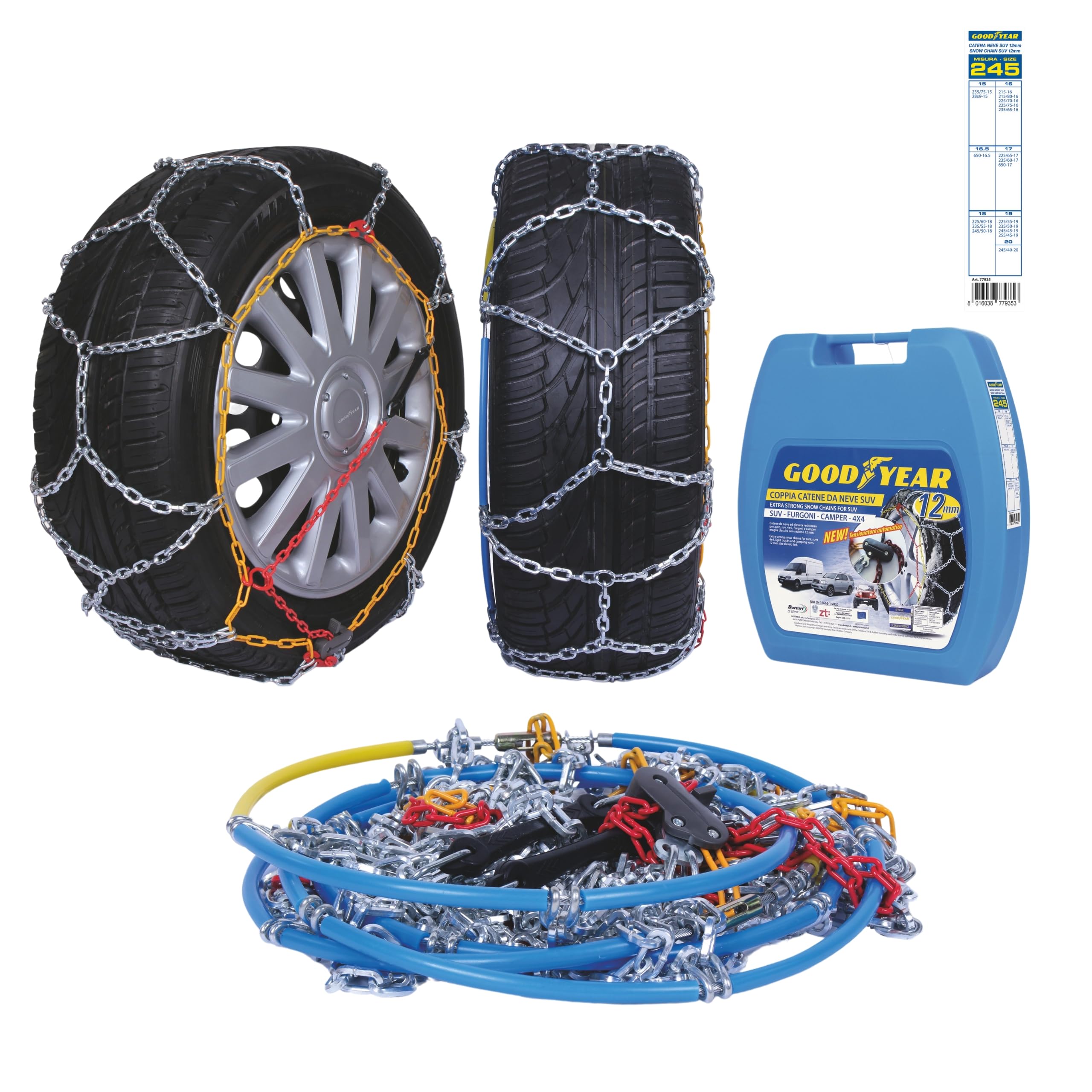 Goodyear 77935, 12 mm Passenger Car Snow Chains, TUV and ONORM Approved, Size 245, Suitable for SUV, Vans, Motorhomes and 4x4