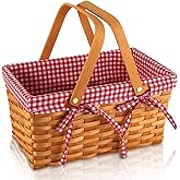 Yesland Picnic Basket, Natural Woven Basket with Double Folding Handles, Woodchip Basket & Organizer Blanket Storage for Egg