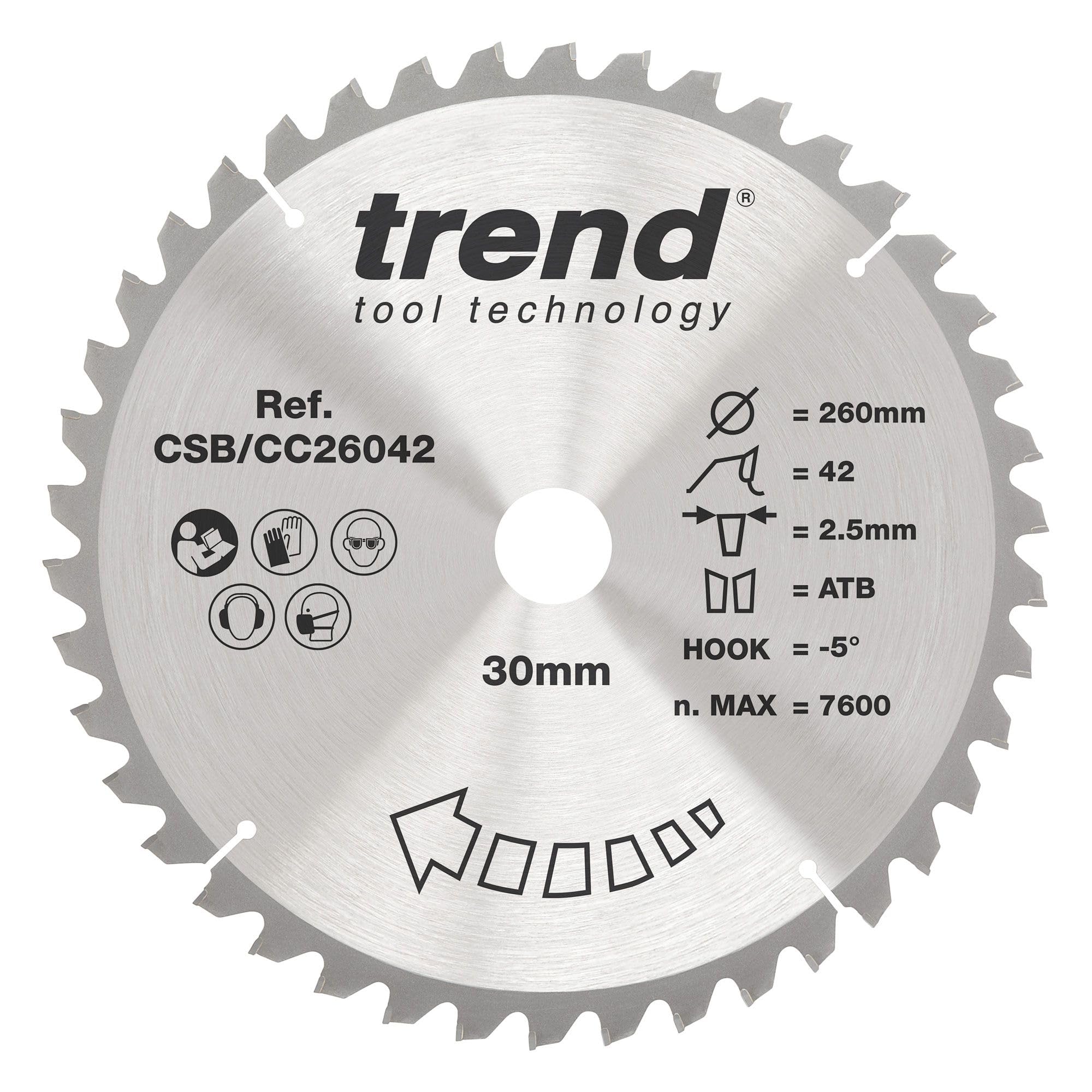 Trend Wood Mitre Saw Blade, 260mm Diameter, 30mm Bore, 42 Teeth, 2.5mm Kerf, -5° Hook, TCT, Medium Finish, CSB/CC26042