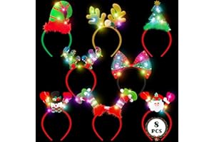 HOVACY Lighting Up Christmas Headbands, Reindeer Antler Santa Hat Bow Hair Hoop for Xmas Party Favors Decorations