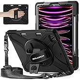 BRAECNstock for Apple iPad Air 13 inch (M3/M2)/ Pro 12.9 inch 6th/5th/4th/3rd Generation Case, Shockproof Protective iPad Kids Case with Pencil Holder, Rotating Stand&Hand Strap, Shoulder Strap, Black