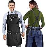 Under NY Sky Barber Black Apron - Leather Straps, Pockets, Reinforcements - Crossback - Coated Black Twill, Tool Pockets, Split-Leg – Adjustable for Men, Women – Barista, Bartender, Hairstylist, Salon