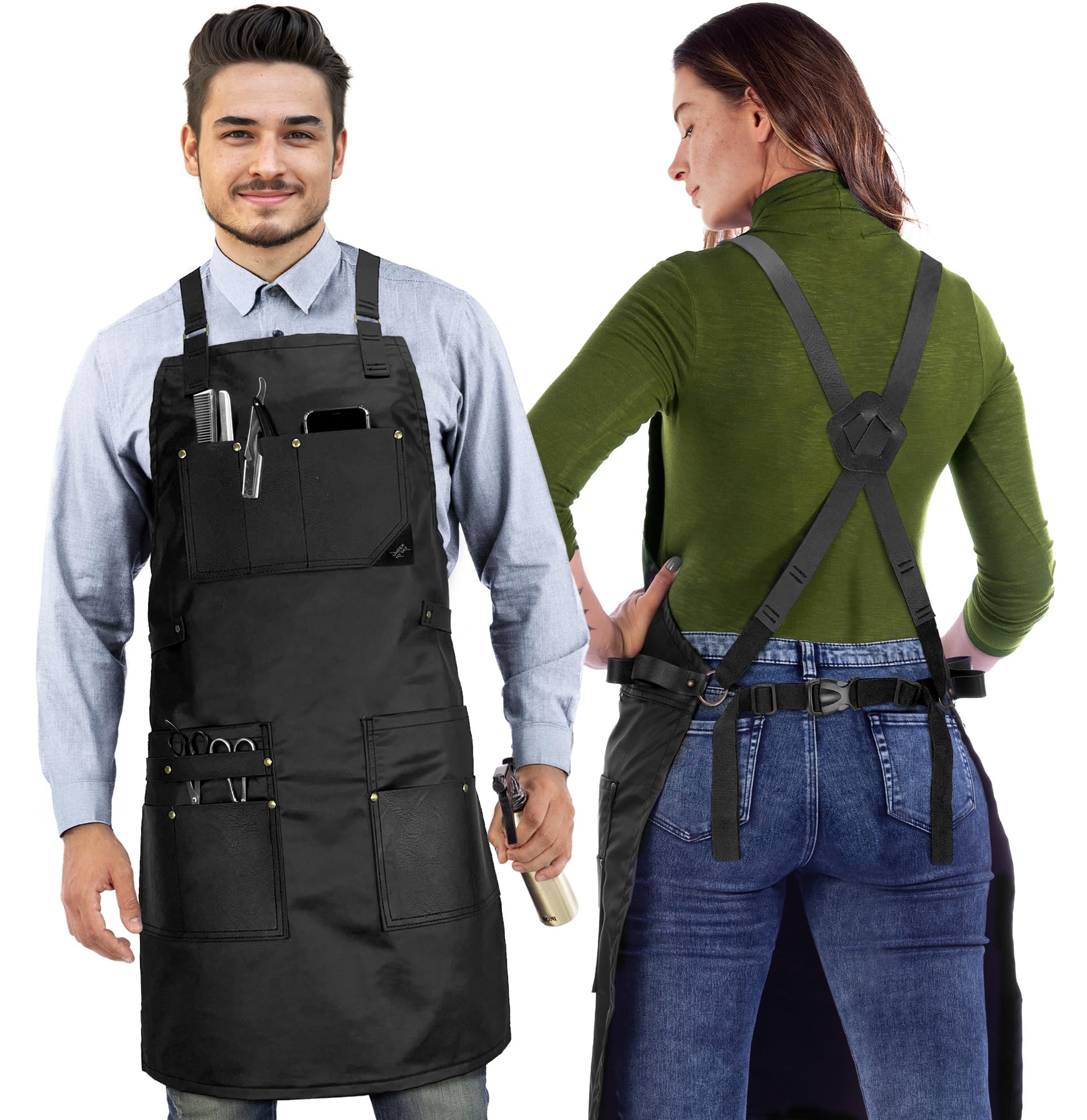Under NY Sky Barber Apron - Leather Straps, Pockets, Reinforcements - Crossback - Coated Black Twill, Tool Pockets, Split-Leg – Adjustable for Men, Women – Makeup, Bartender, Hairstylist, Salon