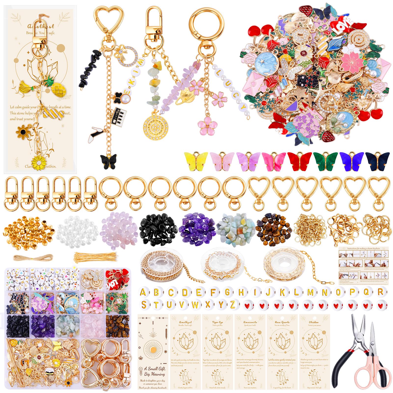 Photo 1 of **USED, INCOMPLETE KIT** TOHONGADON Lip Gloss Charms, Keychain Making Kit, Bag Charm Kit with 5 Kinds of Crystal Stones, 343 Charms, 24 Keychain Clips, Key Ring Jewelry Plier, Extender Chain for DIY Crafting