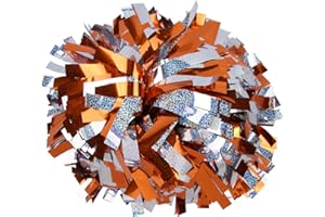 ICOBUTY ICOCHEER Cheerleading Pom Poms Metalic Holographic Cheerleader 6 inch 1 Pair 2 Pieces (Orange Silver)