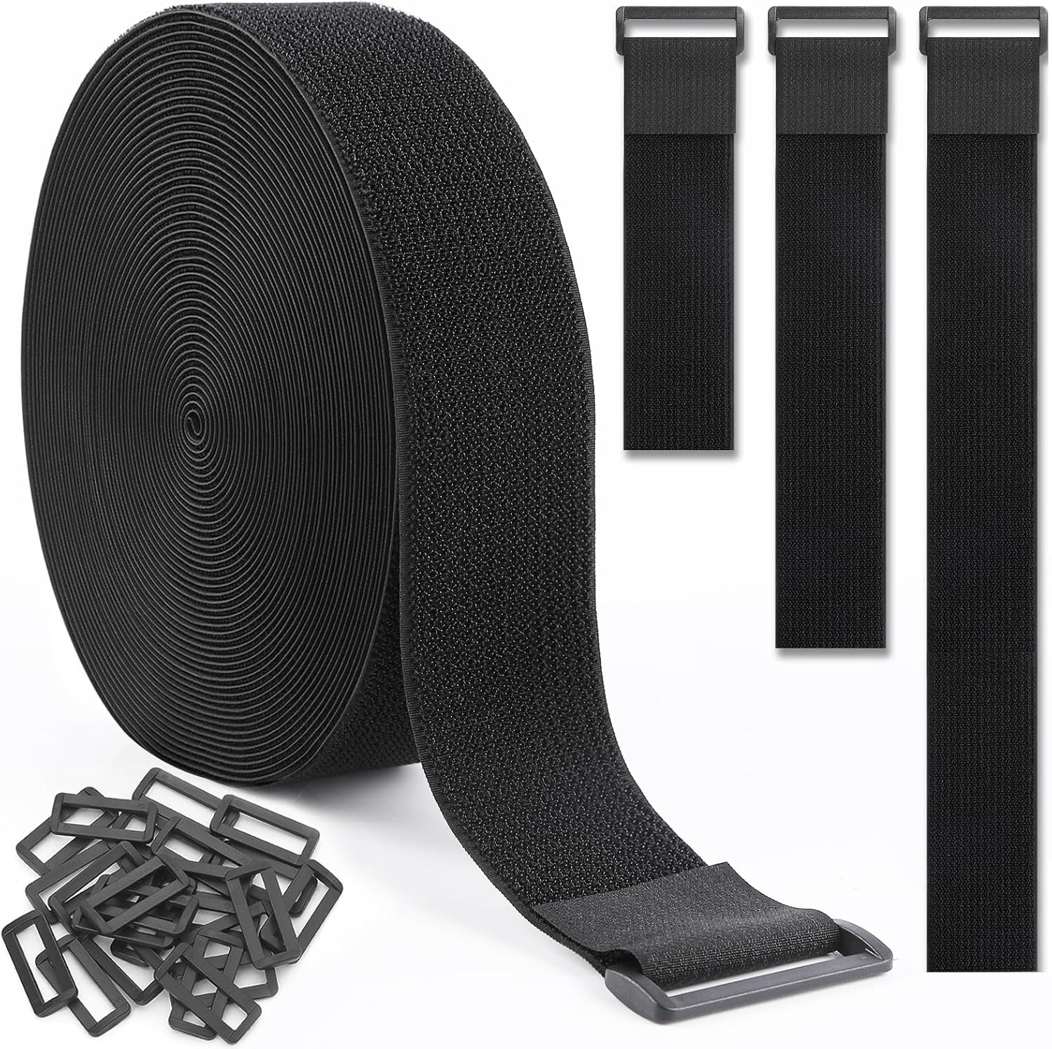 GDSZ LAERSI 2In x 20Ft Cinch Straps Nylon Heavy Duty with 25 Buckles, Cut to Length, Black Hook and Loop Straps, Reusable Long Cable Ties for Storage and Cord Organizer