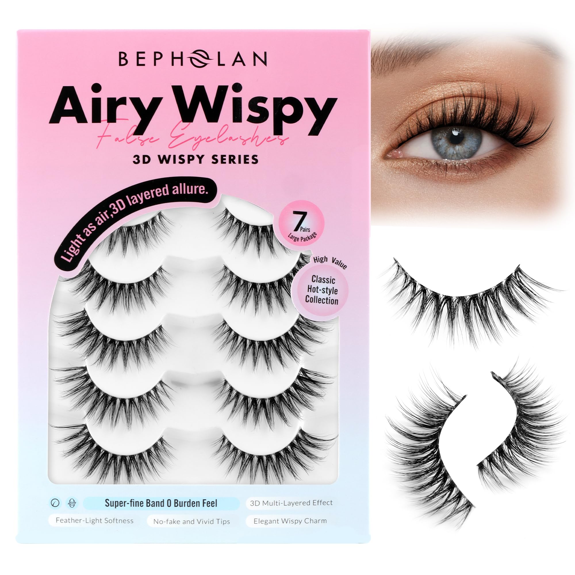 Photo 1 of ***3 PACKS INCLUDED***Bepholan False Eyelashes 7 Pairs Strip Eye Lash Natural Look Wispy Lashes Reusable Thin Clear Band & Soft Fake Lashes?W06?***3 PACKS INCLUDED***