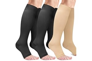 3 Pack Open Toe Compression Socks for Men & Women - 15-20 mmhg Knee High Stockings for Circulation Support