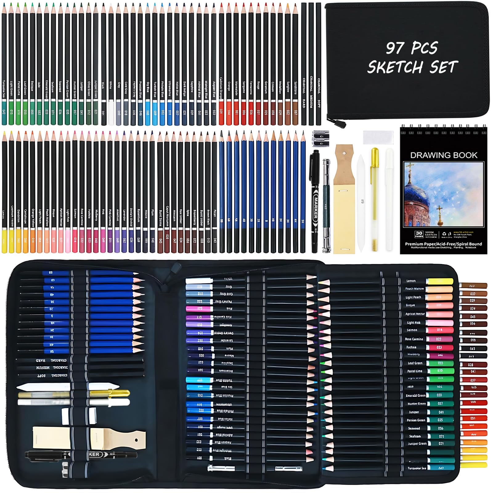 Cozii 97 Drawing Sketching Coloring Set, Pro Art Supplies with Sketchbook, 72 Soft Core Colored Pencils, Sketch, Charcoal Pencils, Drawing Set for Adults Teens Beginner