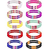 Jadive 20-Piece Colorful Heishi Surfer Bracelet Set - Rainbow Clay Disc Beaded Stretch Layering Elastic Boho Stackable Summer Beach Jewelry (Chic Style)