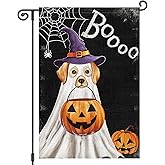 Heyfibro Halloween Boo Golden Retriever Garden Flag 12x18 Inch Double Sided Spooky Ghost Dog Garden Flags Burlap Decorative Small Halloween Yard Flags for Outside House Farmhouse Lawn Decoration